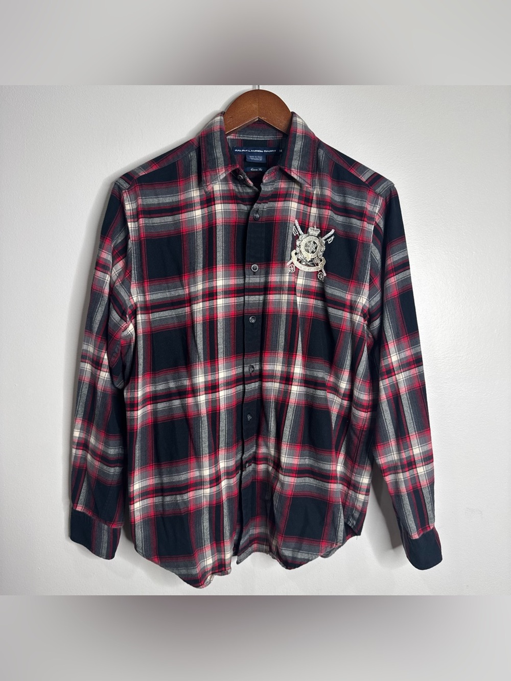 Ralph Lauren Sport Cotton Red Black Plaid Flannel Shirt Embroidered Crest Sz 14